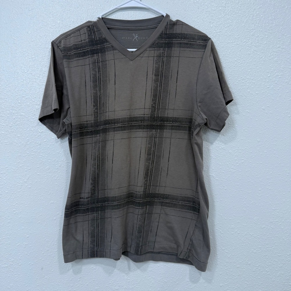 Marc Ecko Mens V-Neck T-Shirt Gray Black Distressed Grid Graphic Short Sleeve M
